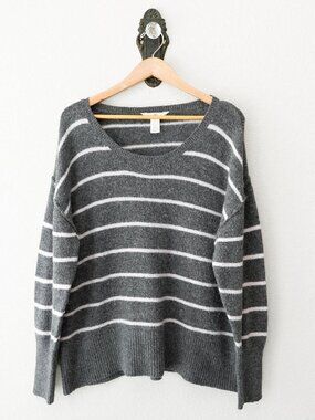 H&M LOGG Womens XL Gray White Stripe Sweater Wool Blend Drop Shoulder Oversized